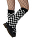 Legwarmers with black-and-white checker pattern over tights, featuring black cuffs and chunky sole boots