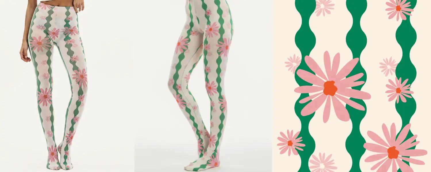 Wavy Daisy Printed Tights – Unique Hand-Designed Printed Tights