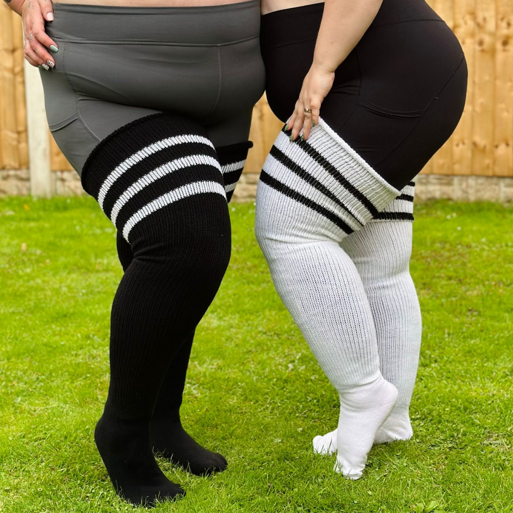 Black and white striped thigh high socks online