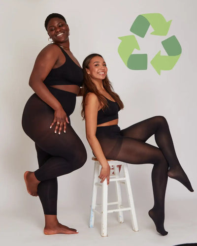 Black sheer leggings worn by two women in a studio setting.