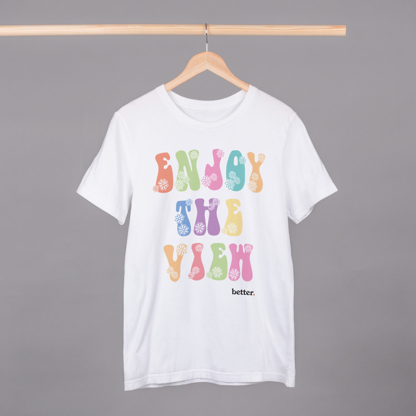 
                  
                    White T-Shirt with 'Enjoy the View' Print
                  
                