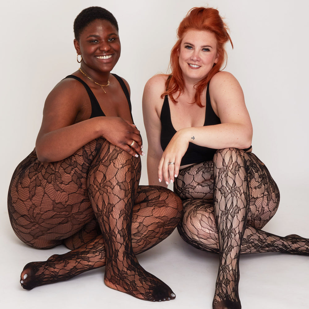 Black Netted Tights with Orchid Leaf Design  