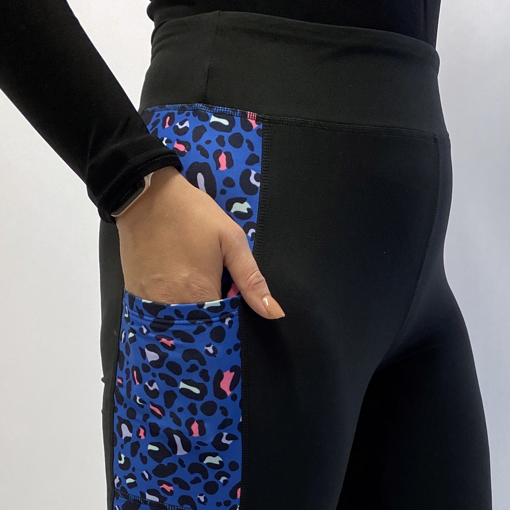 Black Leggings with Side Pocket and Blue Leopard Print Detail