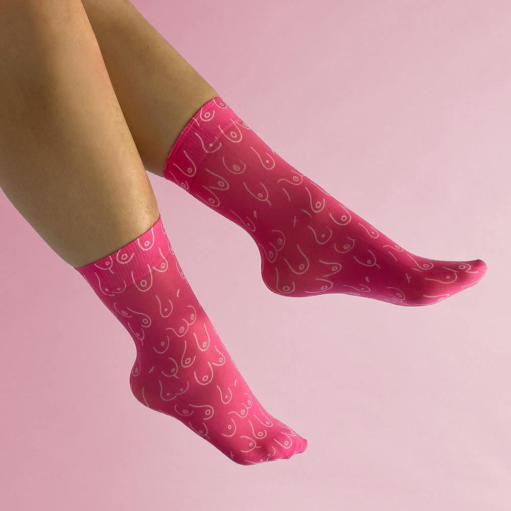 pink socks with boobs printed 